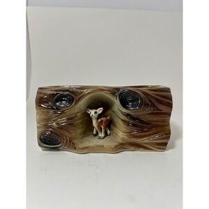 Vintage Ceramic Log Planter with Fawn Deer Woodland Forest Mid Century Retro